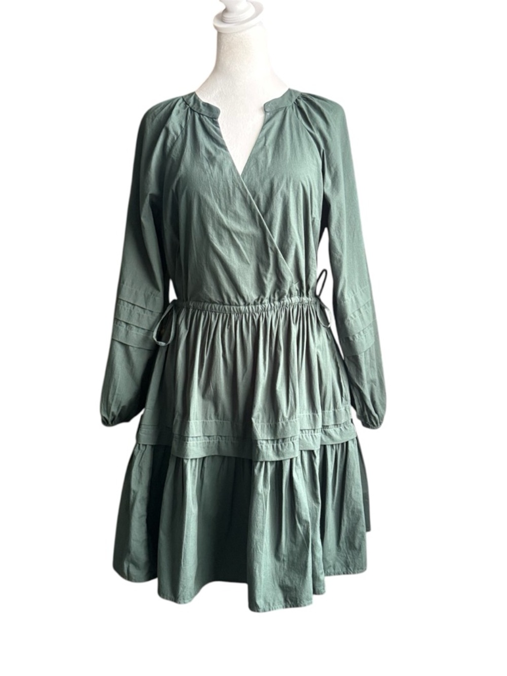 Madewell Crinkle Poplin Wrap Mini Dress Dark Palm Green Size S Cotton Tiered